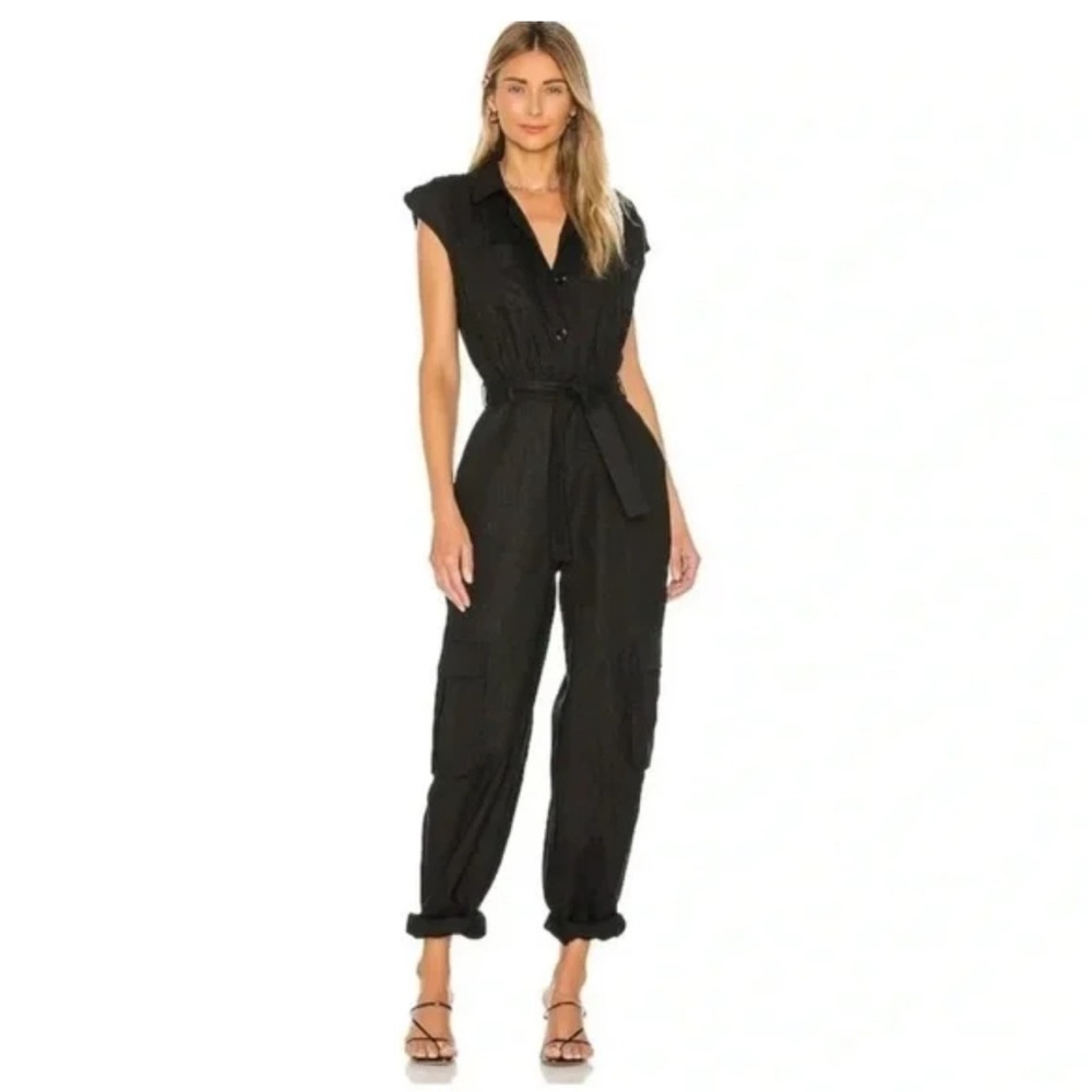 YFB Cuba Navy Linen Blend Belted Sleeveless Jumpsuit size M